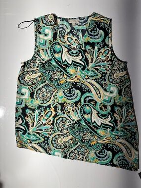 Dana Buchman Black & Teal Paisley V-Neck Sleeveless Shell
